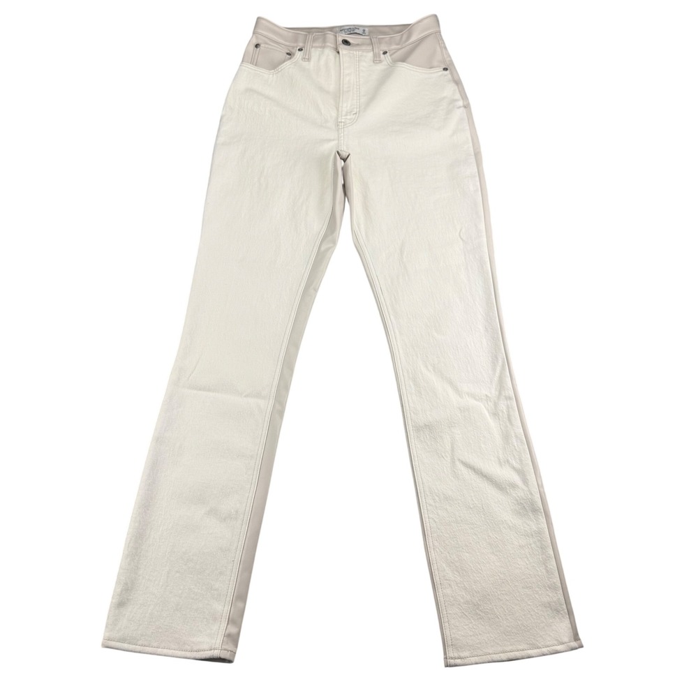 Abercrombie Fitch Slim Straight Ultra High Rise Pants Cream Beige Vegan Leather